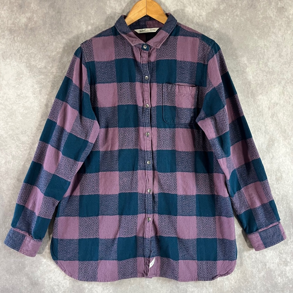 Woolrich Button Down Women Large Purple Buffalo Check Geometric Cotton Shirt